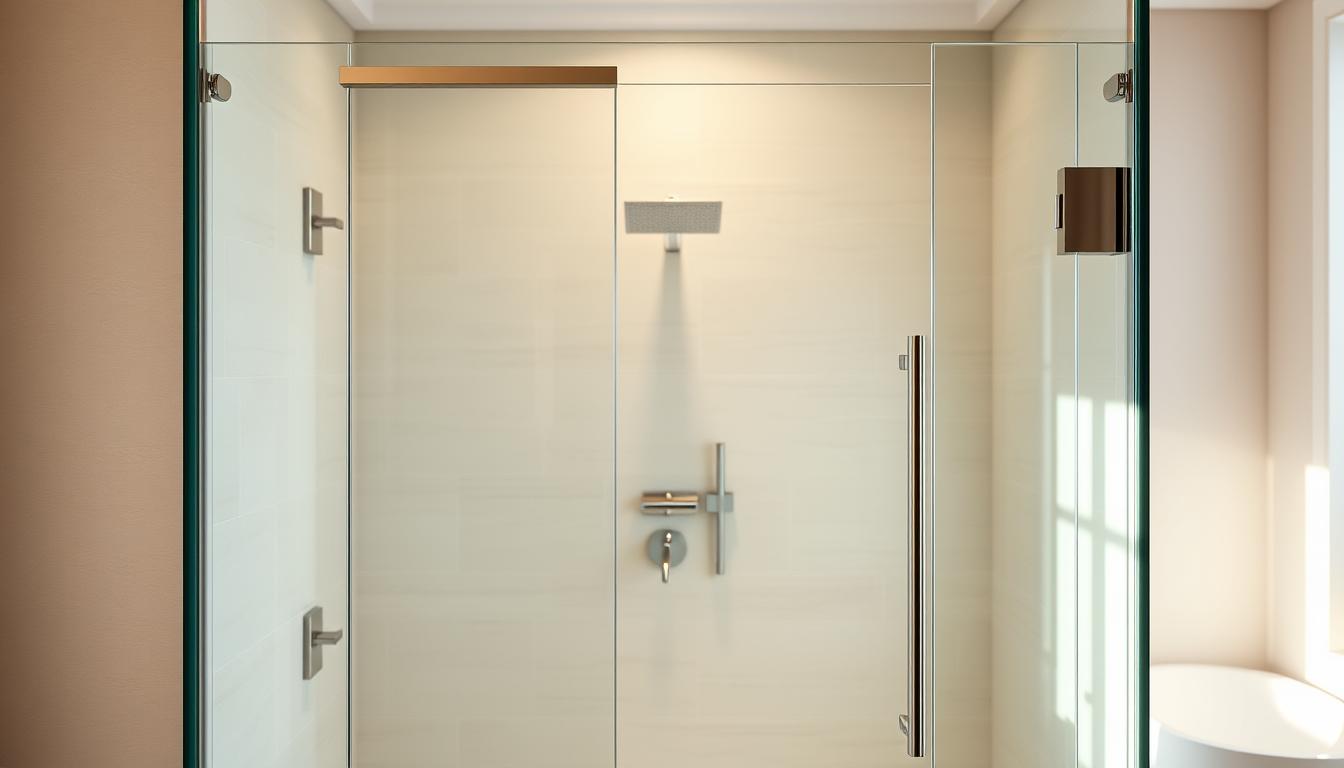 custom glass shower enclousre with iron glass panels