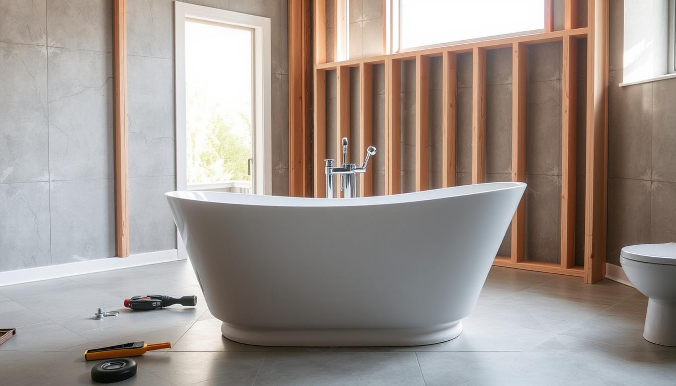 A bathroom interior with a freestanding bathtub being installed