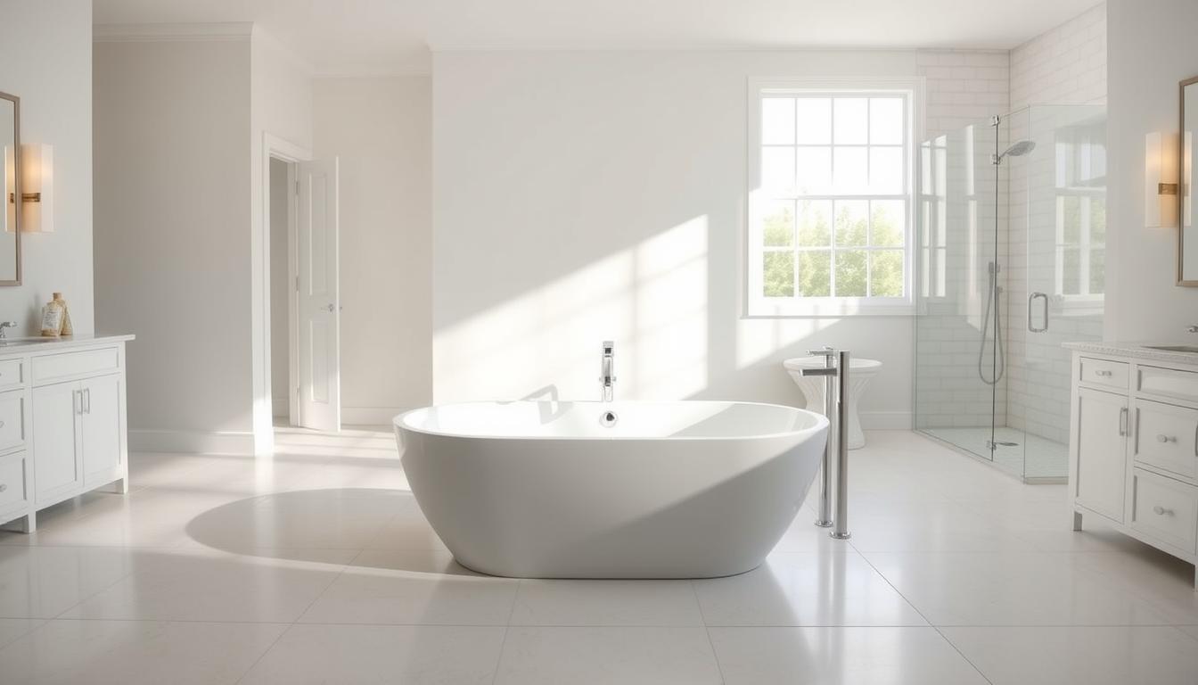 A spacious, well lit bathroom layout with a freestanding bathtub as the focal point