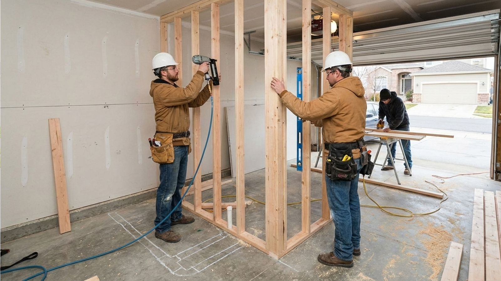 Contractors Framing a Bathroom in the Garage