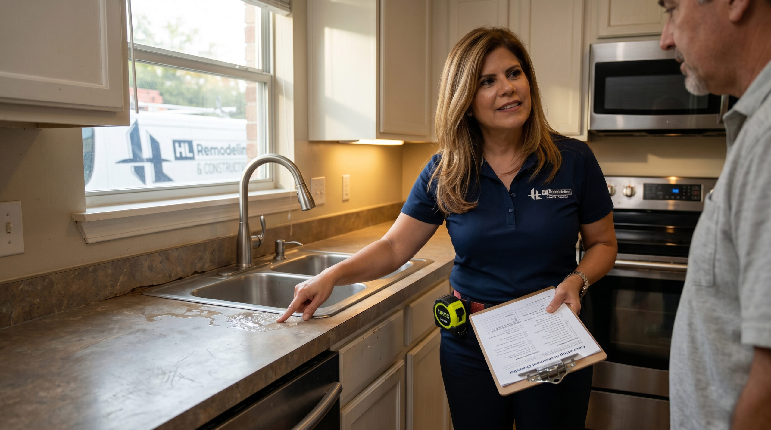HL Remodeling Owner walking client through countertop refinish vs replace options