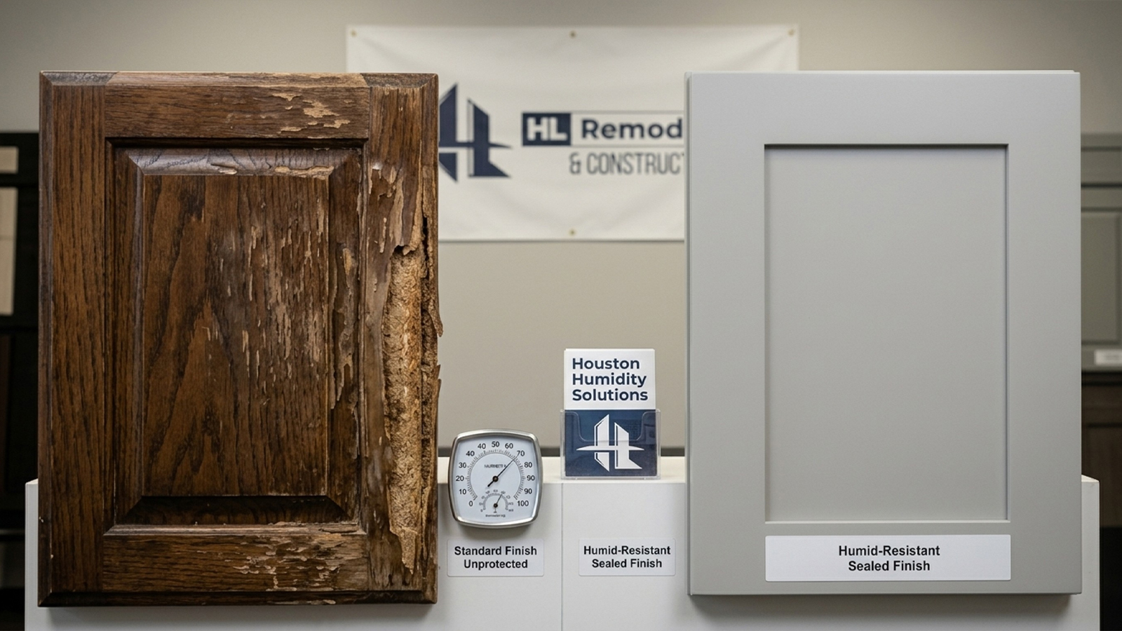 Damaged versus humidity resistant kitchen cabinets Houston finish comparison Damaged versus humidity resistant kitchen cabinets Houston finish comparison