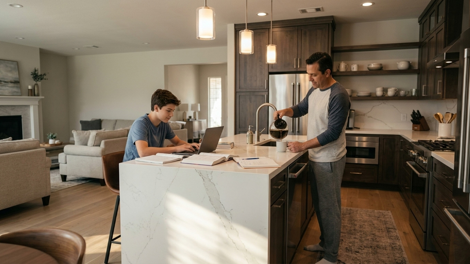 Family at a quartz island in an open concept kitchen cabinets Houston renovation Family at a quartz island in an open concept kitchen cabinets Houston renovation