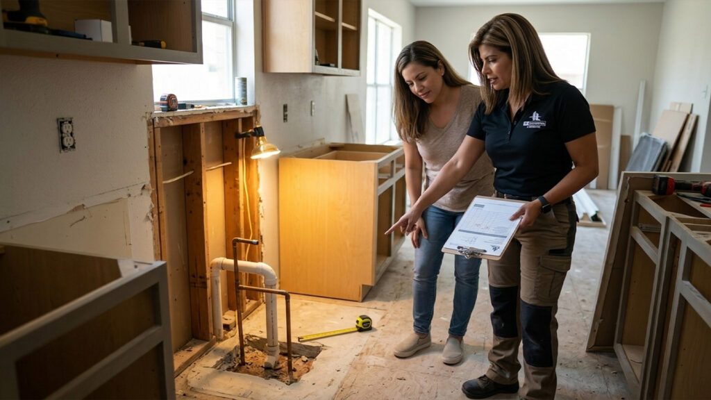 HL Remodeling owner reviews cost to move plumbing with a Houston homeowner beside exposed slab pipe stub outs