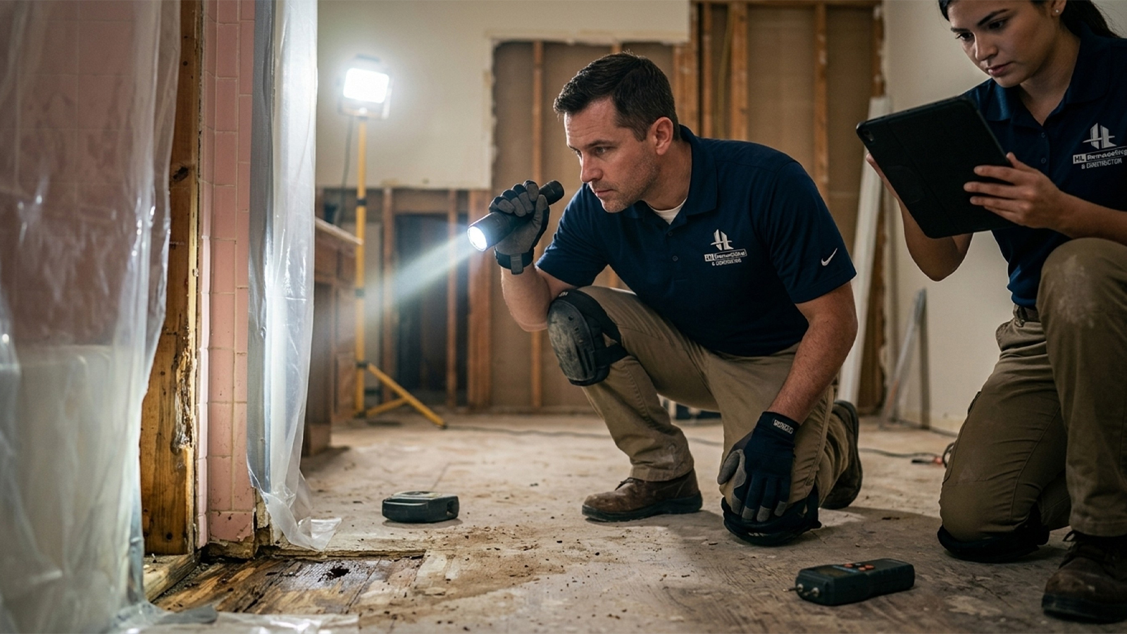 HL Remodeling technician inspecting moisture damage behind an opened Houston bathroom wall HL Remodeling technician inspecting moisture damage behind an opened Houston bathroom wall