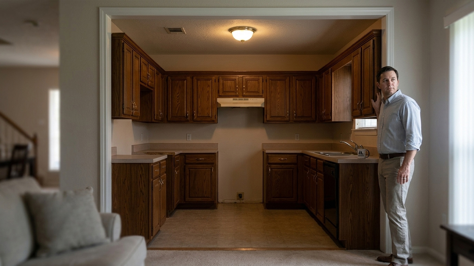 Houston homeowner looking from a boxed in U shaped kitchen toward the open living room Houston homeowner looking from a boxed in U shaped kitchen toward the open living room