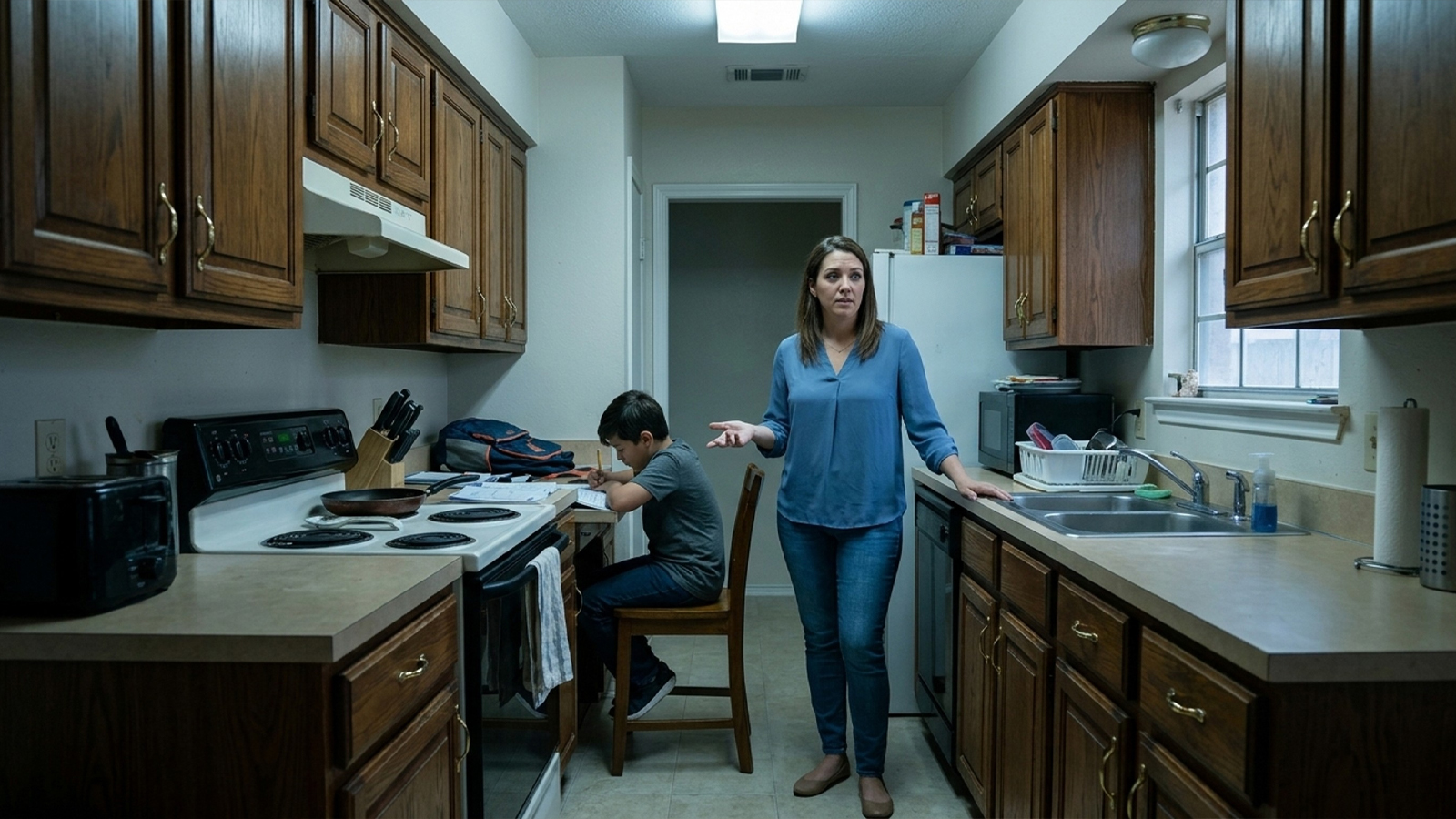 Houston mother and child in a cramped, closed off kitchen with dark oak cabinets and no island Houston mother and child in a cramped, closed off kitchen with dark oak cabinets and no island