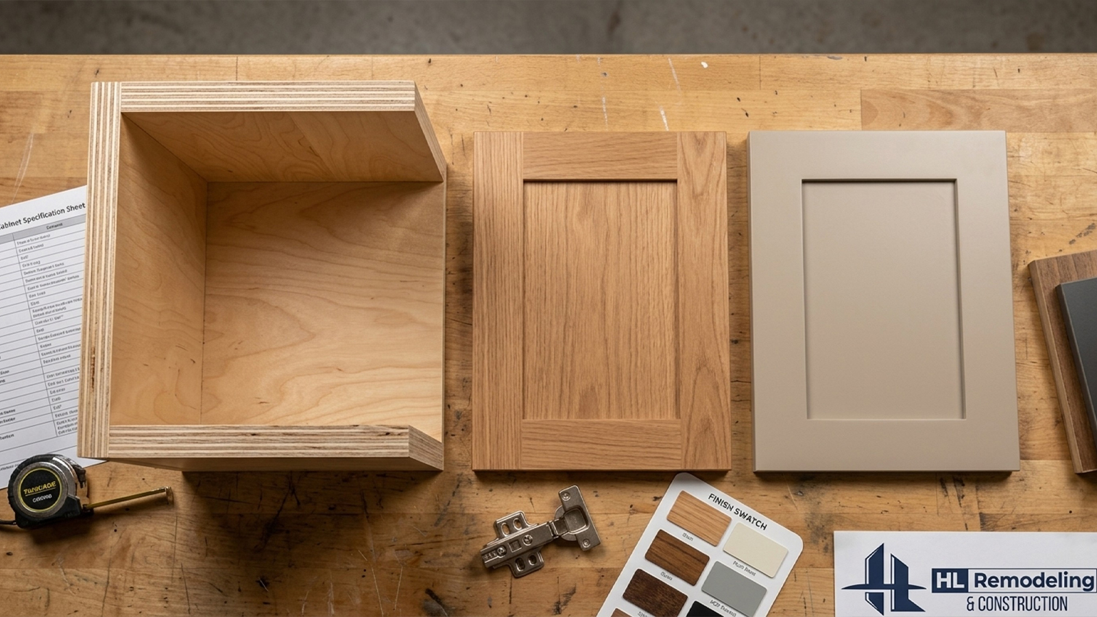 Plywood, solid wood, and MDF samples showing kitchen cabinets Houston construction options Plywood, solid wood, and MDF samples showing kitchen cabinets Houston construction options