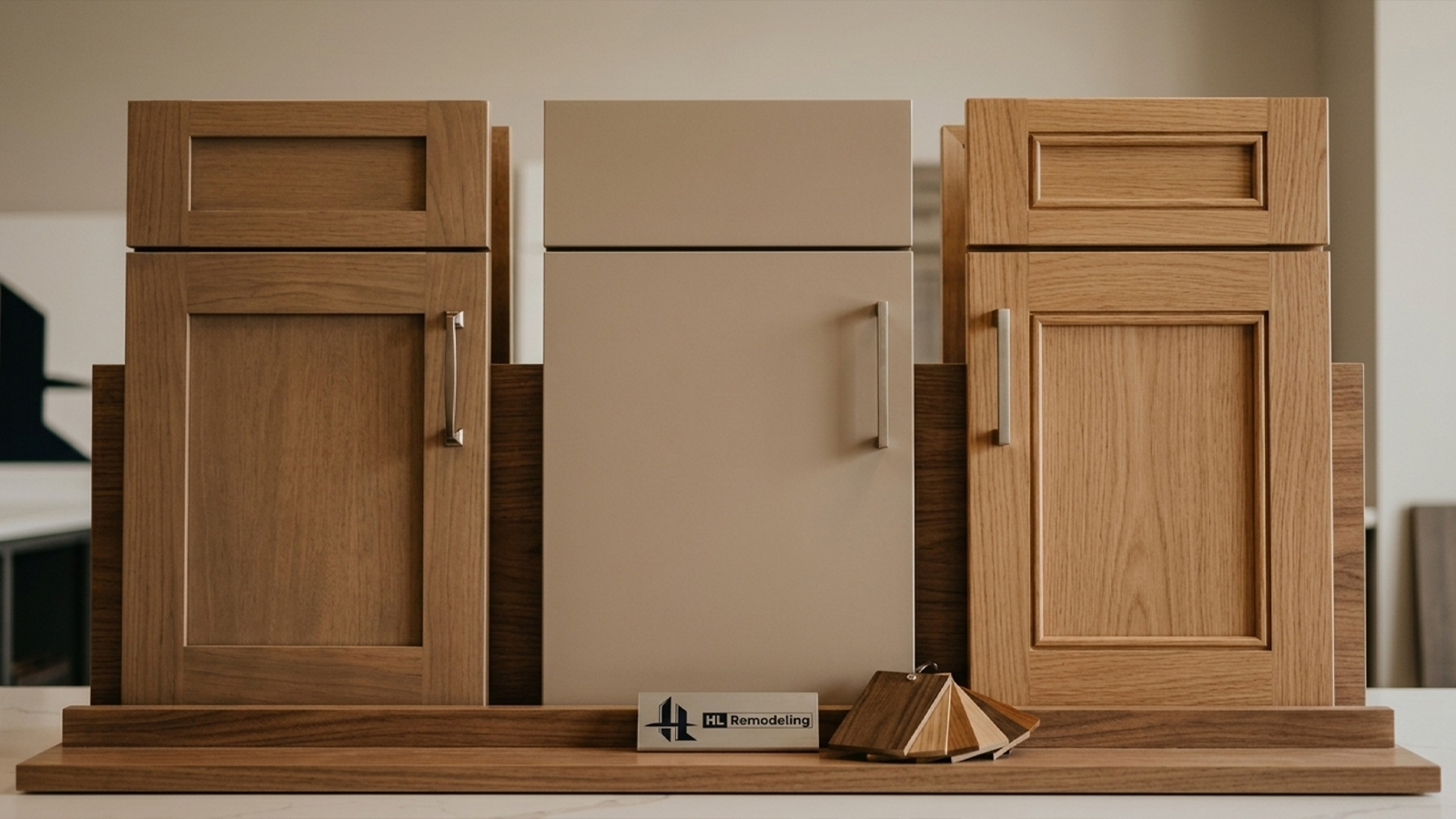 Shaker, slab, and inset cabinet door samples showing kitchen cabinets Houston style options Shaker, slab, and inset cabinet door samples showing kitchen cabinets Houston style options