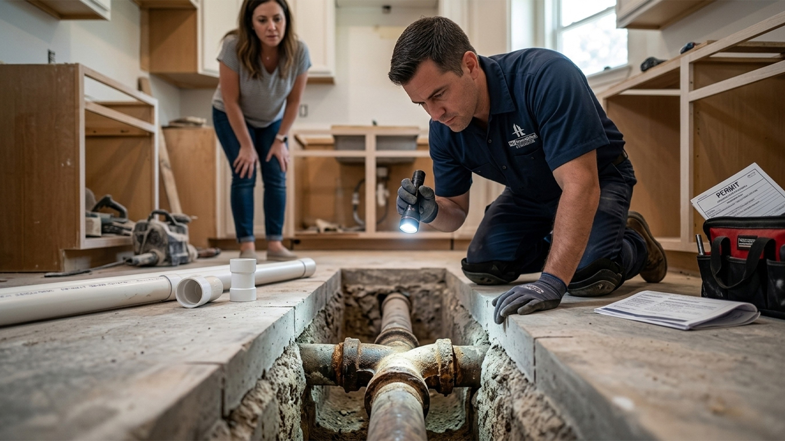 Technician inspects aged cast iron pipe beneath a cut slab during a Houston kitchen plumbing relocation Technician inspects aged cast iron pipe beneath a cut slab during a Houston kitchen plumbing relocation