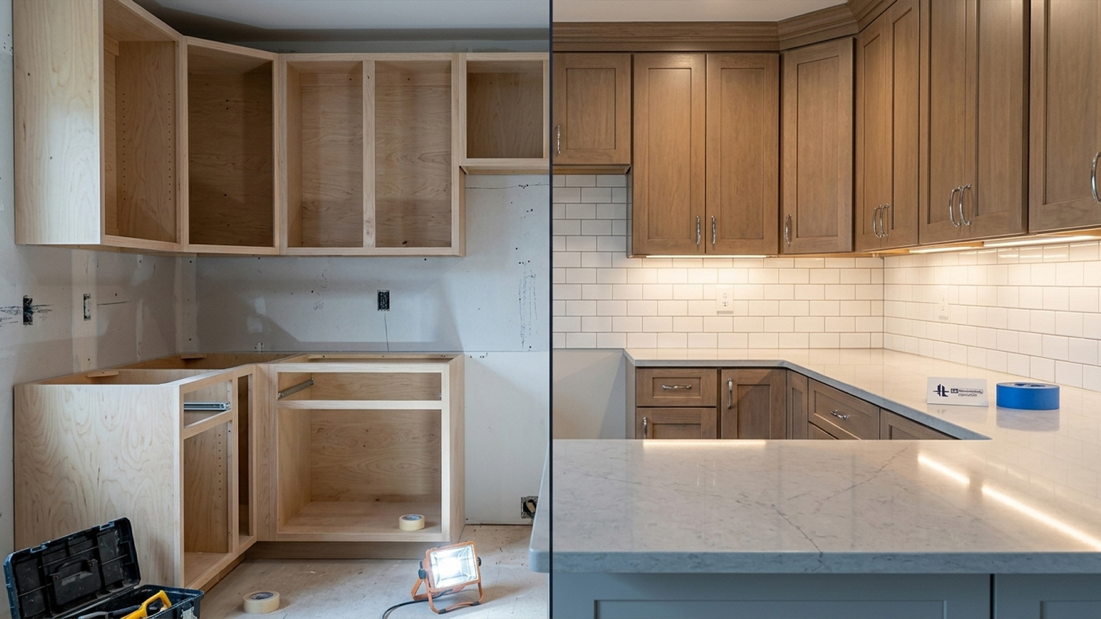 Before and after of cabinetry and countertop installation during a Houston kitchen remodel process