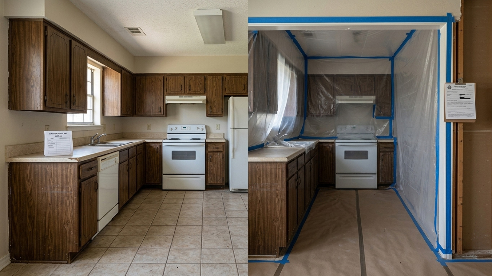 Before and after view of a Houston kitchen prepped with dust containment ahead of the remodel demolition phase