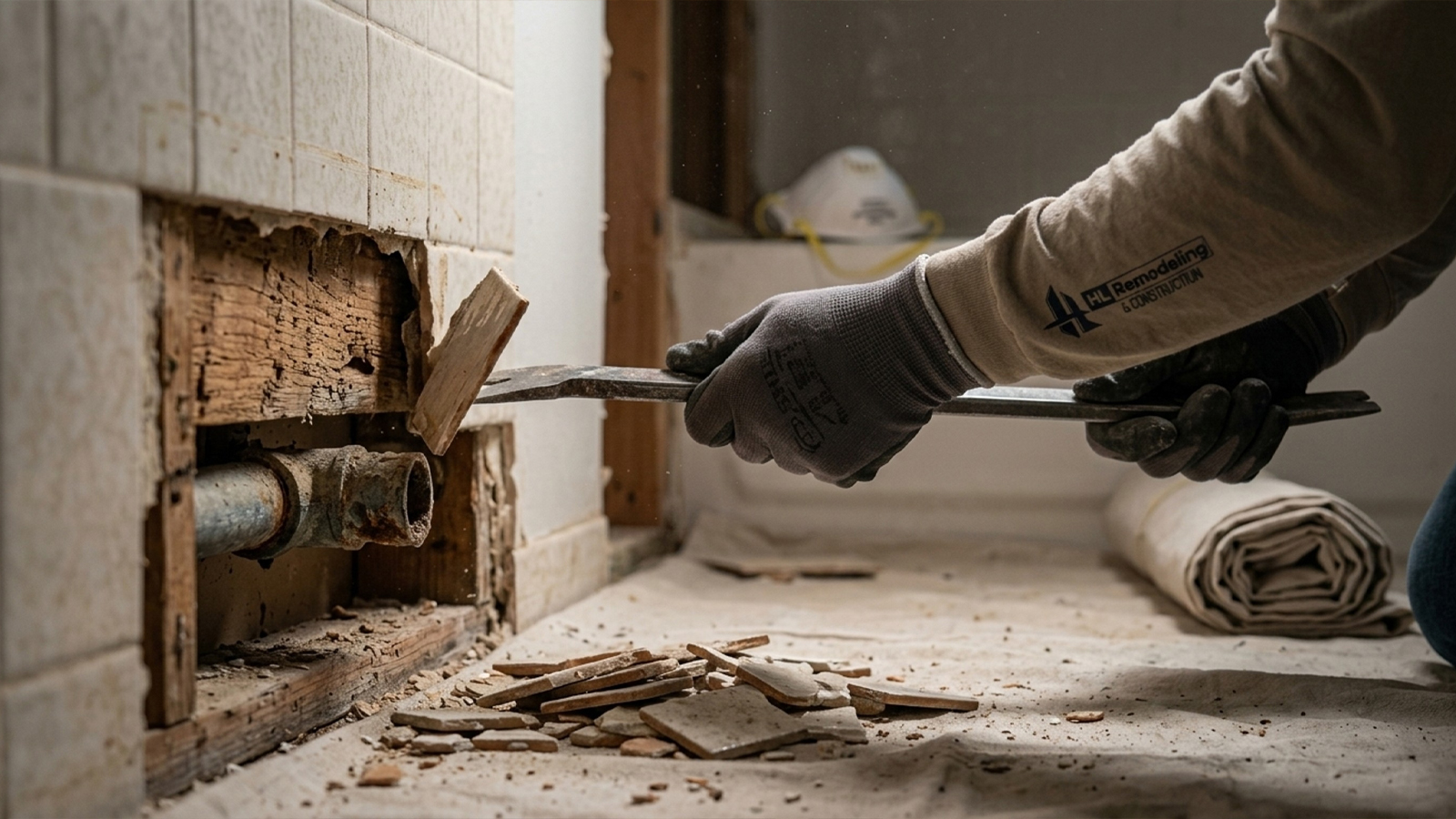 Gloved hands pry away old tile revealing subfloor damage during a Houston bathroom demolition Gloved hands pry away old tile revealing subfloor damage during a Houston bathroom demolition