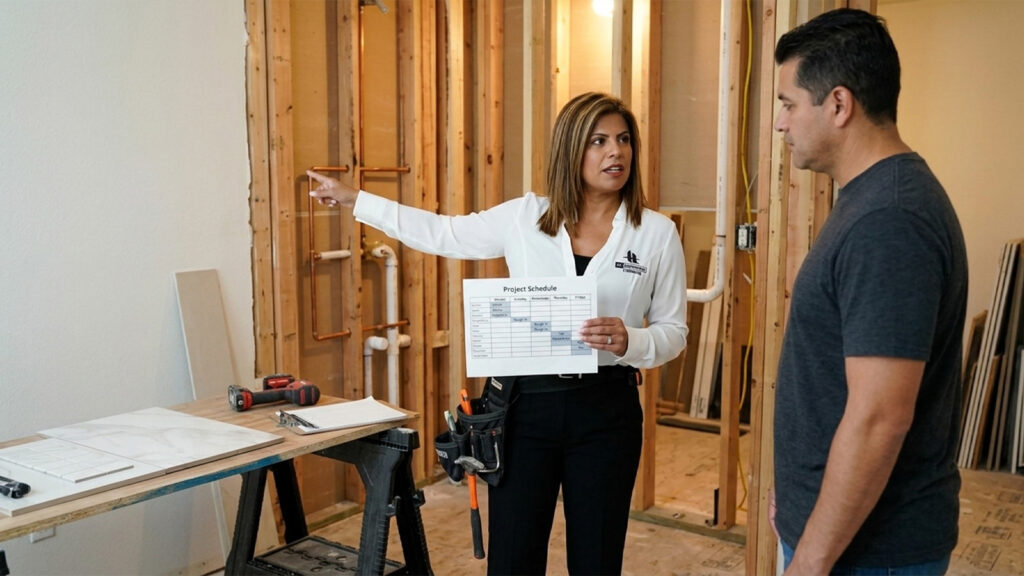 HL Remodeling owner explains the bathroom remodeling process to a Houston homeowner during rough in phase