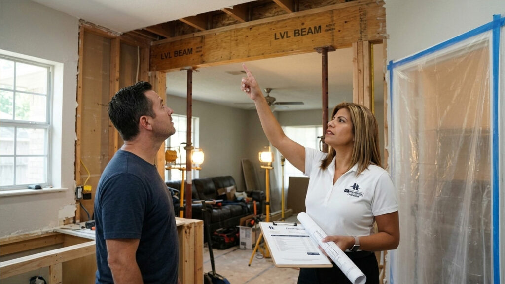 HL Remodeling owner reviews LVL beam installation after load bearing wall removal in Houston kitchen remodel