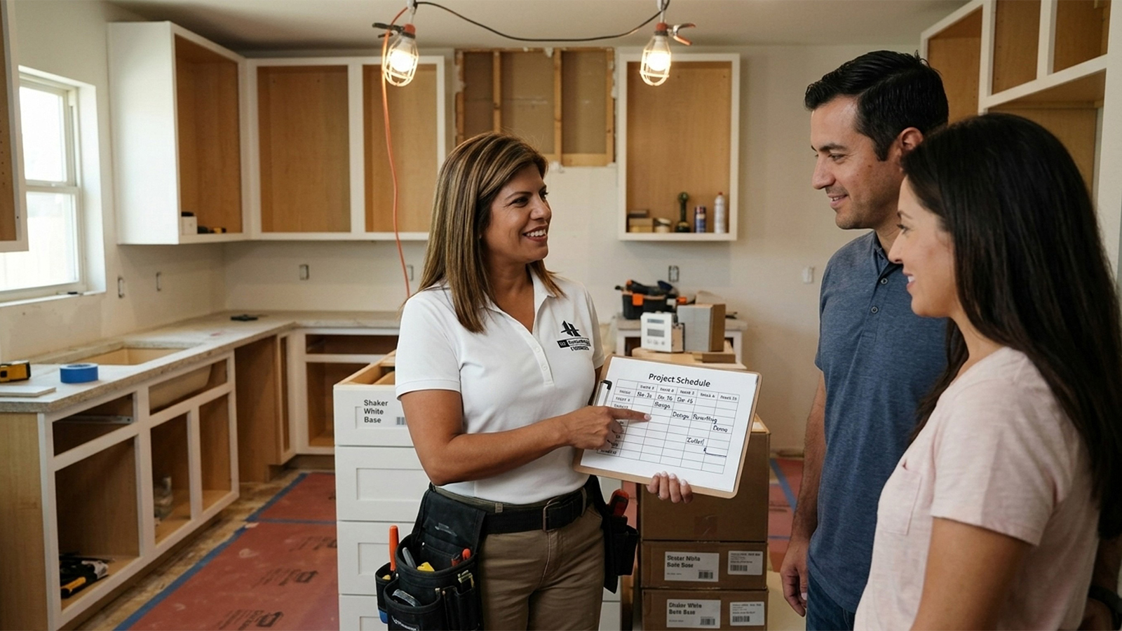 HL Remodeling owner reviews a kitchen remodel timeline with Houston homeowners mid renovation