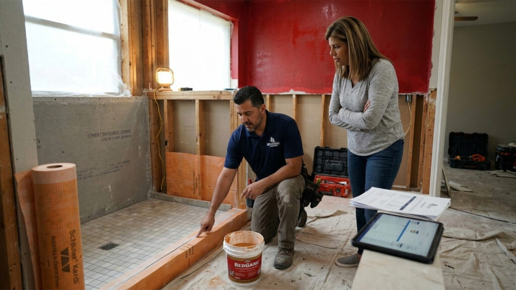 HL Remodeling owner reviews bathroom waterproofing membrane to a Houston homeowner during a remodel