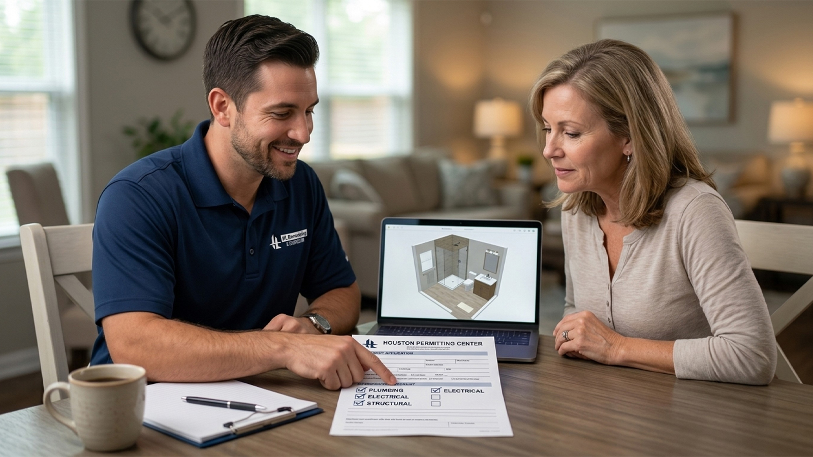HL Remodeling staff member reviewing a bathroom remodel permit with a Houston homeowner at home