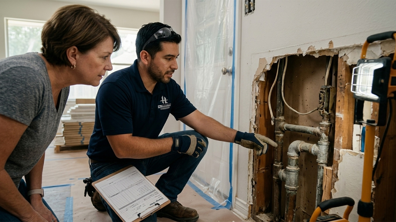 HL Remodeling staff member reviews an exposed plumbing issue with a Houston homeowner during a kitchen remodel