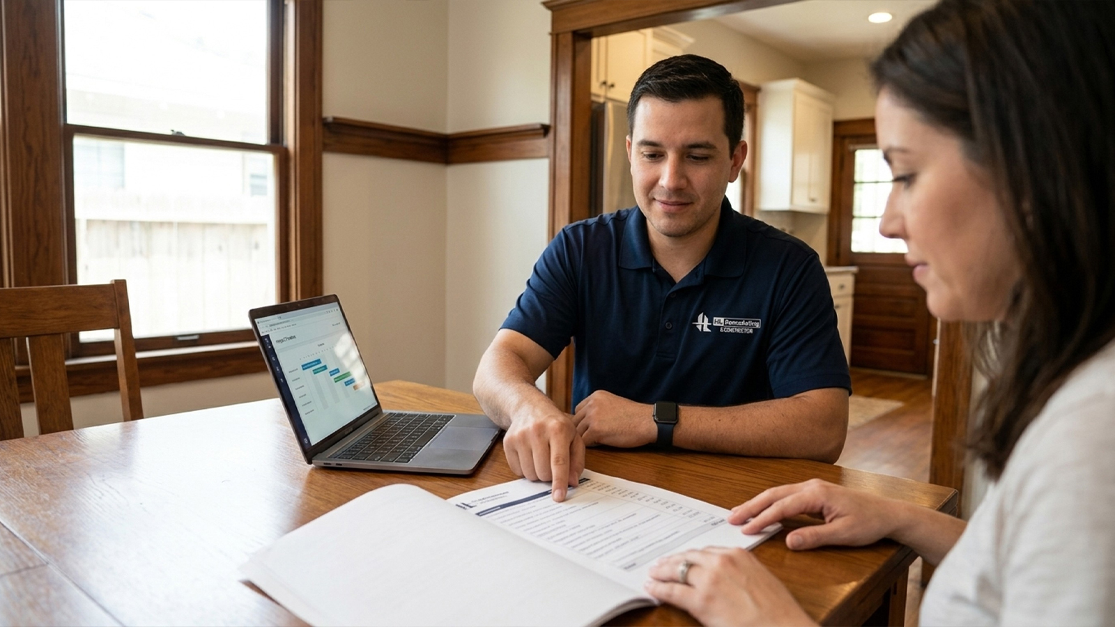 HL Remodeling staff reviewing a written cost proposal with a homeowner in a Heights bungalow HL Remodeling staff reviewing a written cost proposal with a homeowner in a Heights bungalow