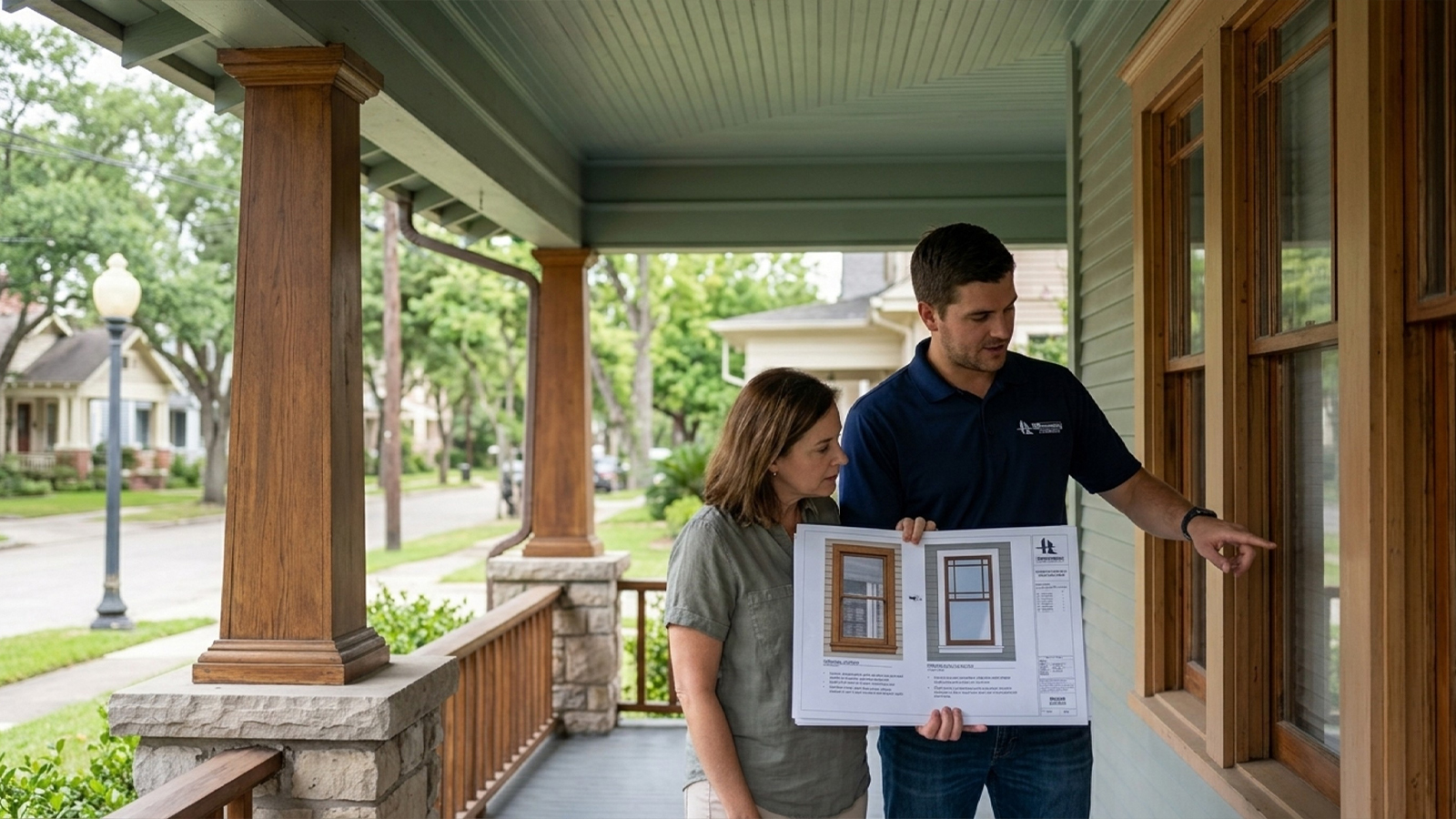 HL Remodeling staff reviewing renderings with a homeowner on a Heights craftsman bungalow porch HL Remodeling staff reviewing renderings with a homeowner on a Heights craftsman bungalow porch