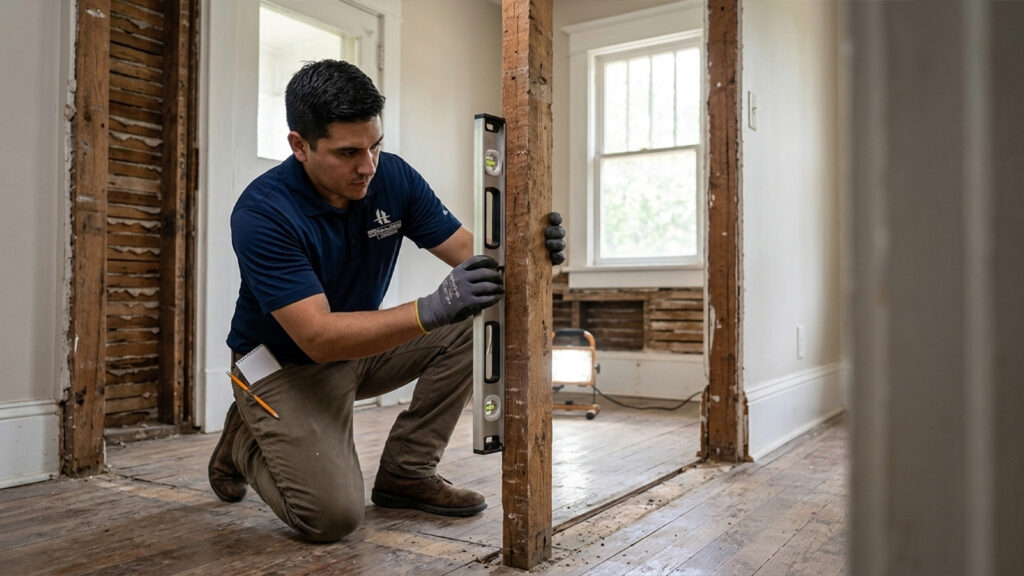 HL Remodeling technician checking a wall stud with a level inside a Heights Bungalow before demo