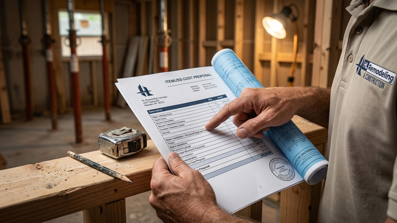 Hands review itemized cost proposal for wall removal during Houston kitchen remodel