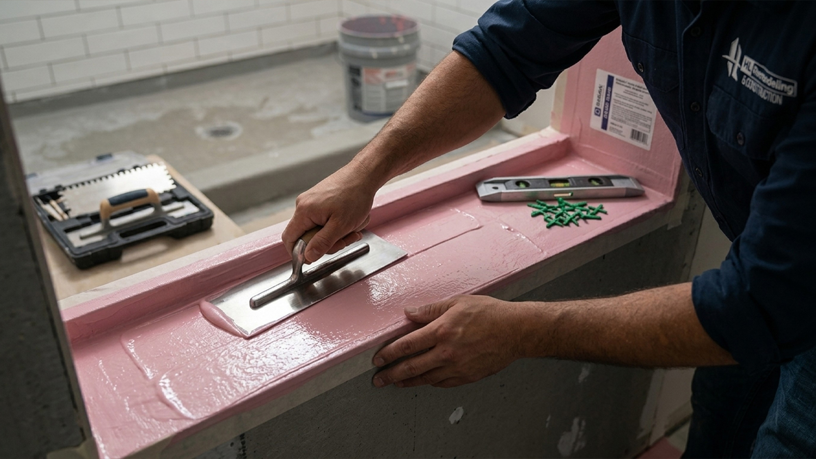 Hands trowel waterproofing membrane in a shower niche during the bathroom remodeling process Hands trowel waterproofing membrane in a shower niche during the bathroom remodeling process