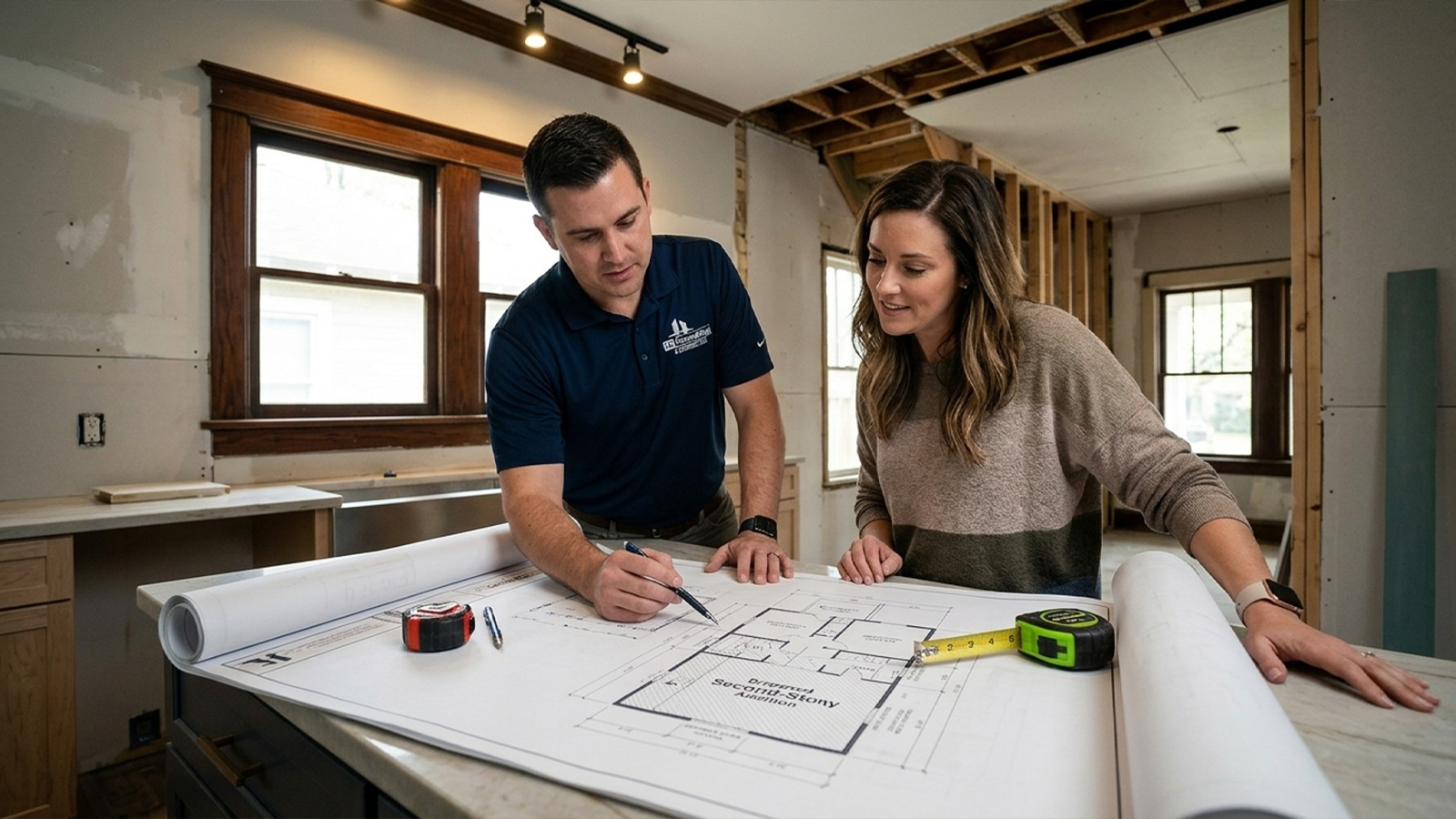 Homeowner and HL Remodeling staff reviewing kitchen layout plans inside a Heights bungalow renovation Homeowner and HL Remodeling staff reviewing kitchen layout plans inside a Heights bungalow renovation