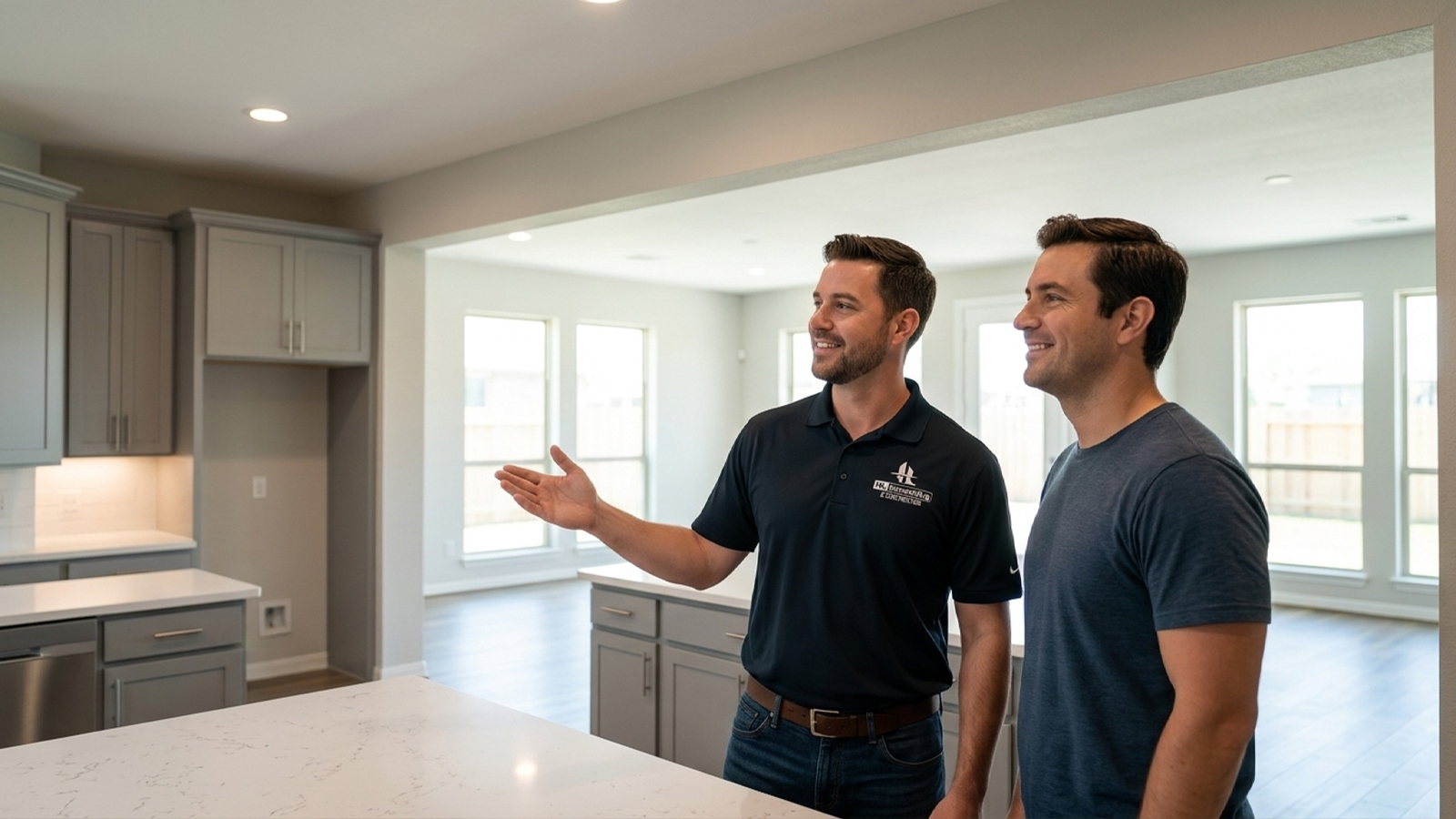 Homeowner and technician admire finished open concept kitchen after load bearing wall removal