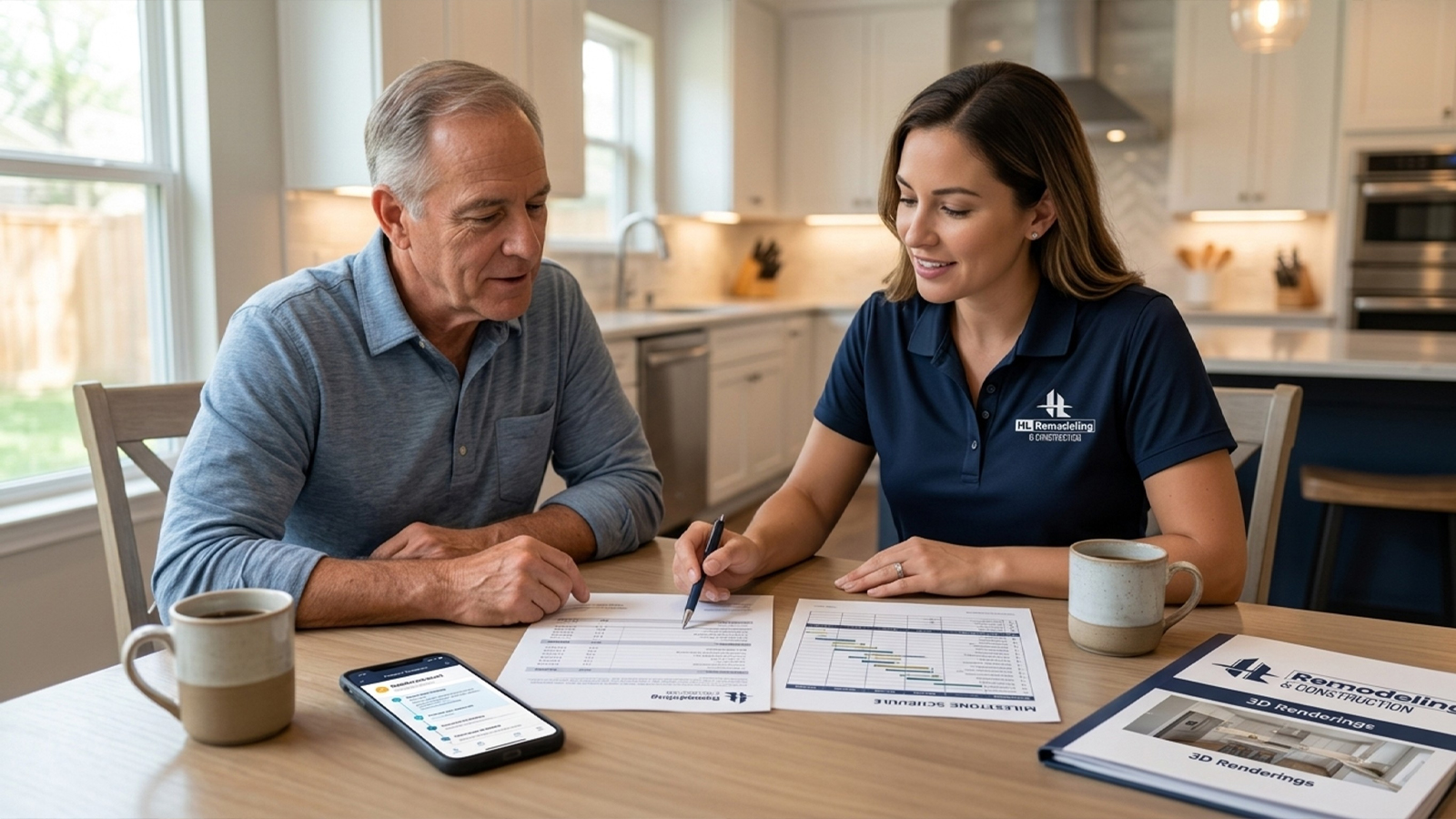 Houston homeowner reviews a written kitchen remodel proposal and schedule with an HL Remodeling staff member