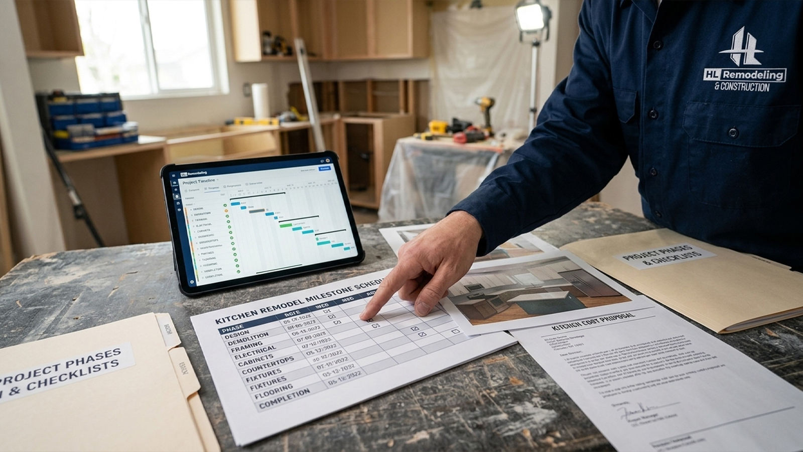 Milestone schedule and 3D renderings laid out during the kitchen remodel process on a Houston job site