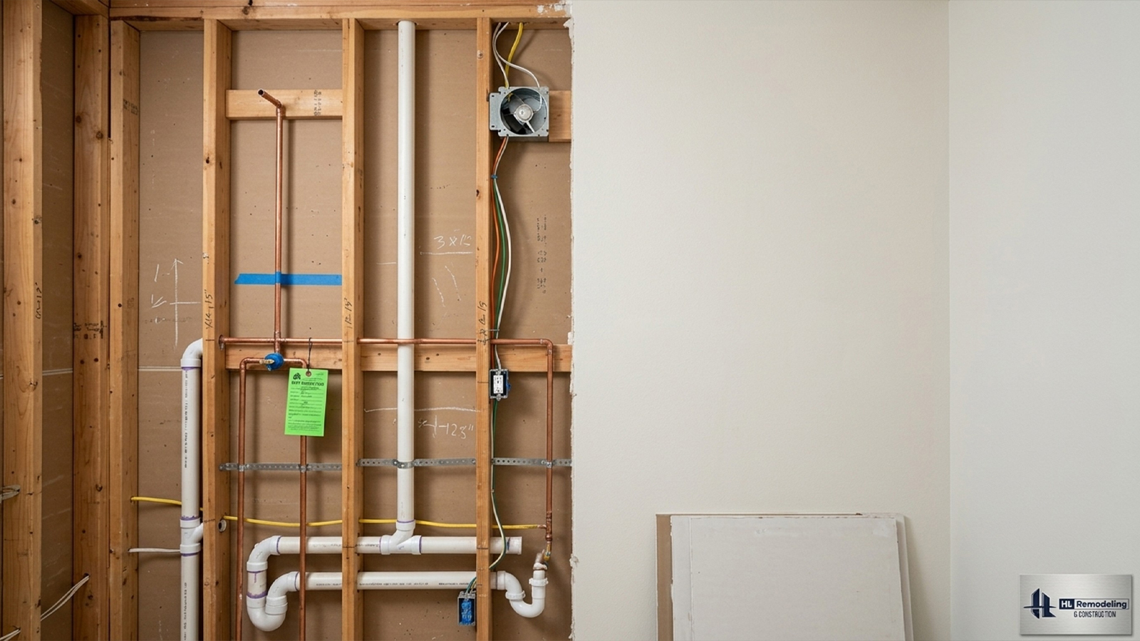 Open bathroom wall showing plumbing and electrical rough in ready for inspection before drywall closes Open bathroom wall showing plumbing and electrical rough in ready for inspection before drywall closes
