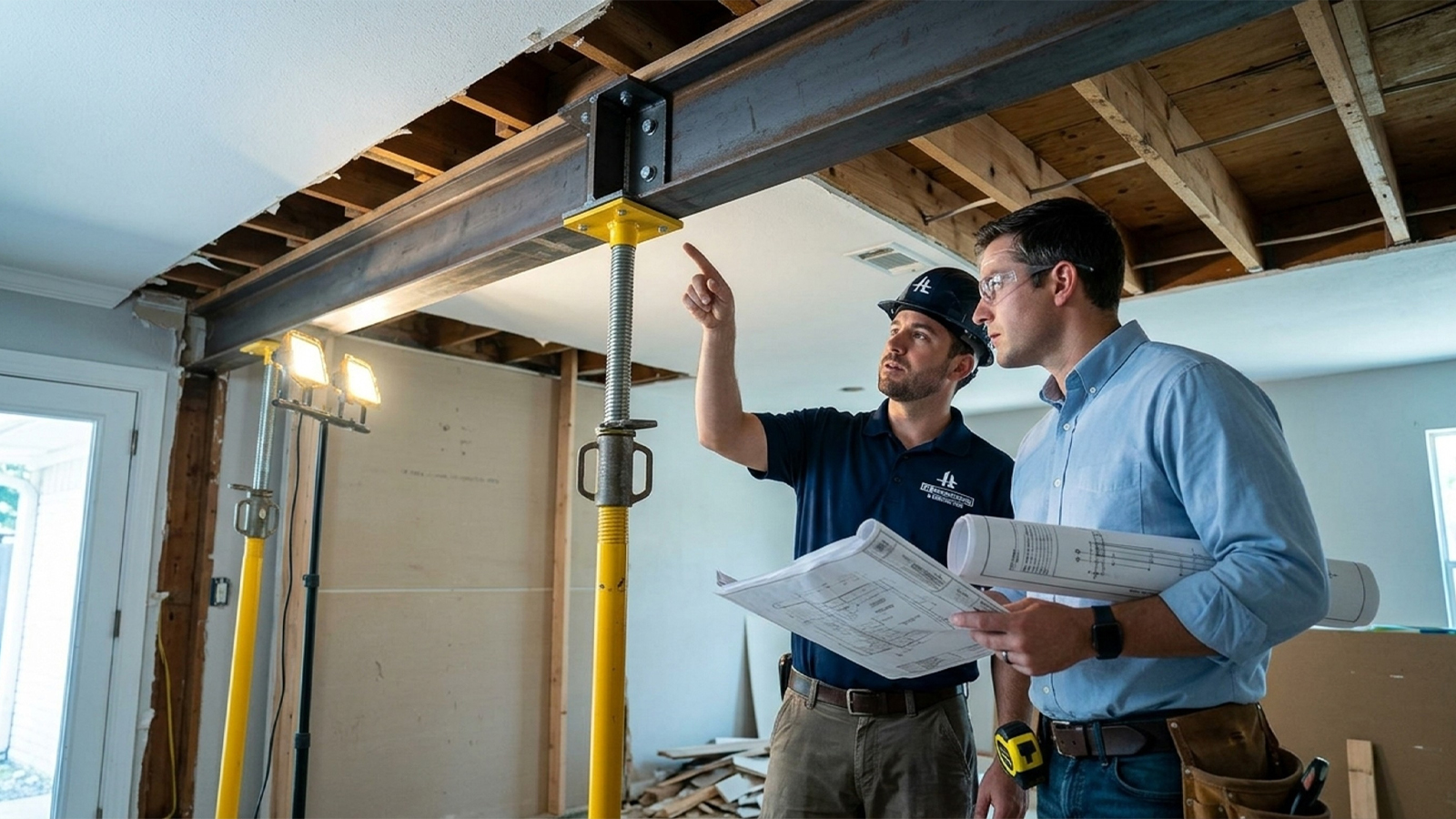 Technician and structural engineer verify steel I beam supporting removed load bearing wall