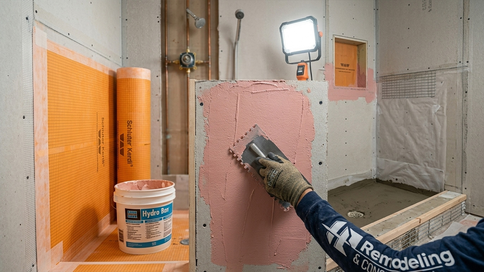 Technician applies RedGard liquid waterproofing beside Schluter Kerdi membrane in a Houston shower remodel Technician applies RedGard liquid waterproofing beside Schluter Kerdi membrane in a Houston shower remodel