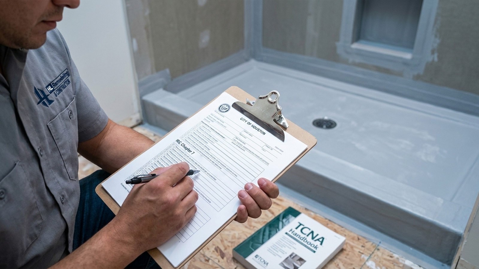 Technician checks Houston permit and IRC code requirements against a finished shower waterproofing membrane Technician checks Houston permit and IRC code requirements against a finished shower waterproofing membrane