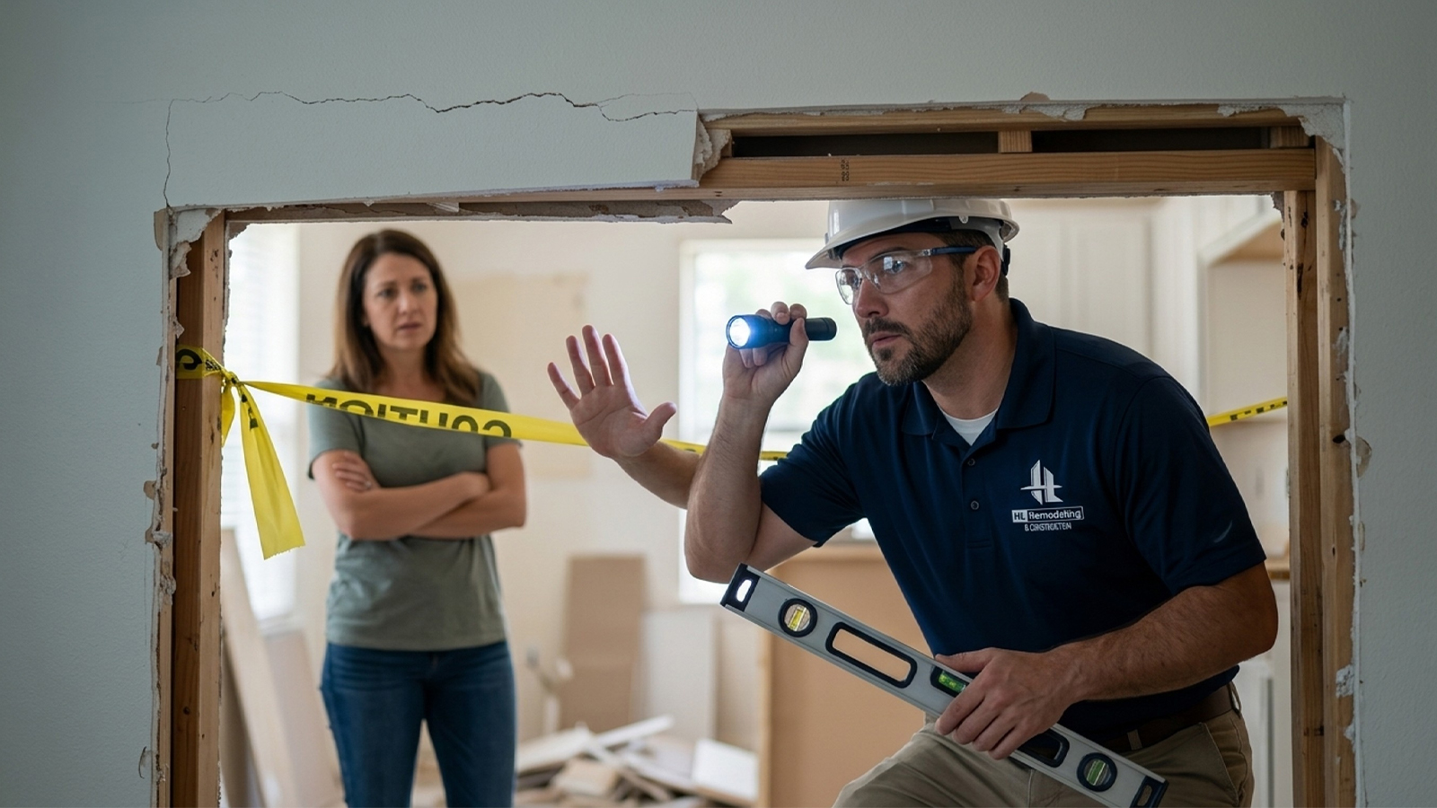 Technician inspects unsupported ceiling framing, showing why wall removal isn't a DIY project