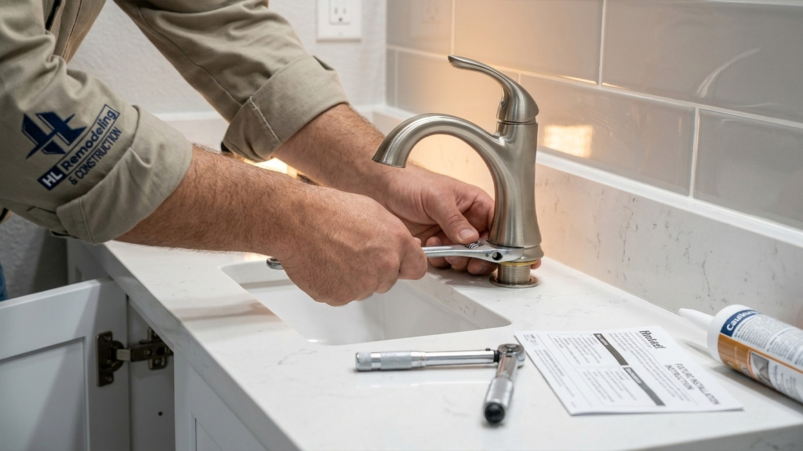 Technician installs a vanity faucet during the final stage of a Houston bathroom remodeling process Technician installs a vanity faucet during the final stage of a Houston bathroom remodeling process