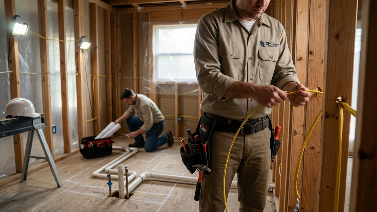 Tradespeople complete electrical and plumbing rough in during the kitchen remodel demolition phase in Houston