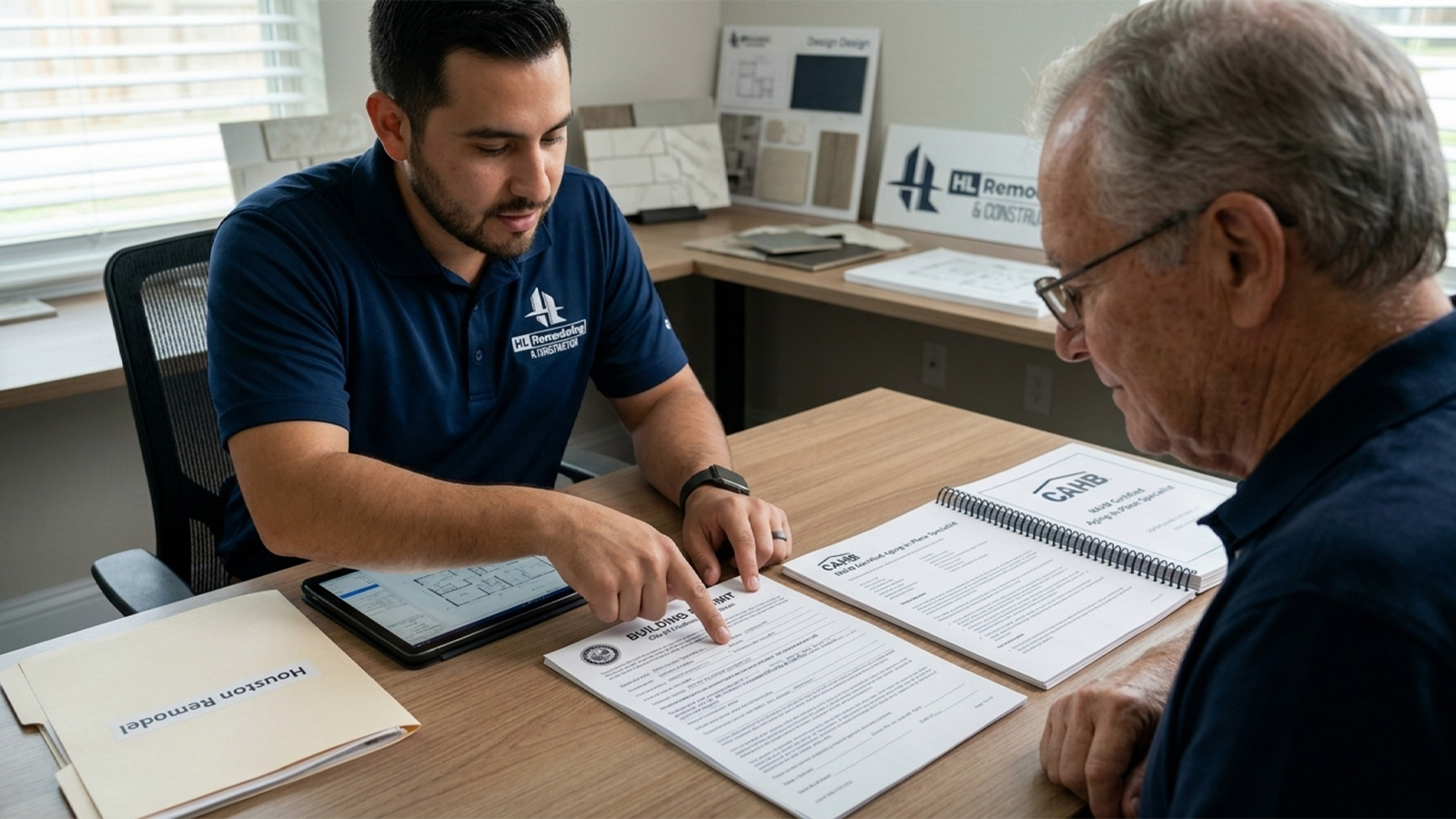 CAPS Certification, Universal Design, and Houston Permit Compliance Staff member reviews Houston permit compliance documents for an aging in place bathroom remodel