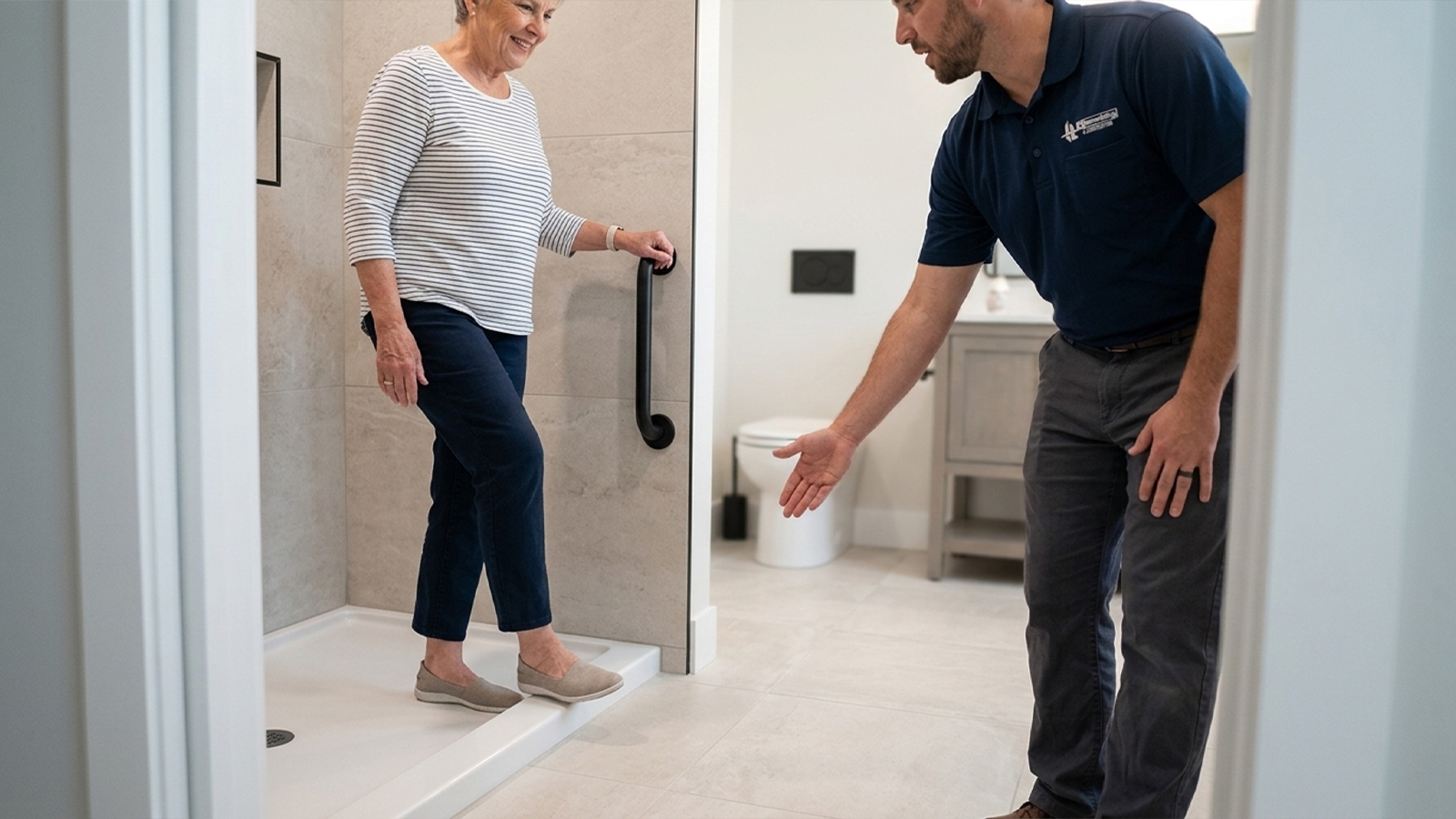 Core Safety Features Zero Threshold Showers, Grab Bars, and Comfort Height Fixtures Homeowner steps into a curbless shower beside an ADA grab bar in an aging in place bathroom
