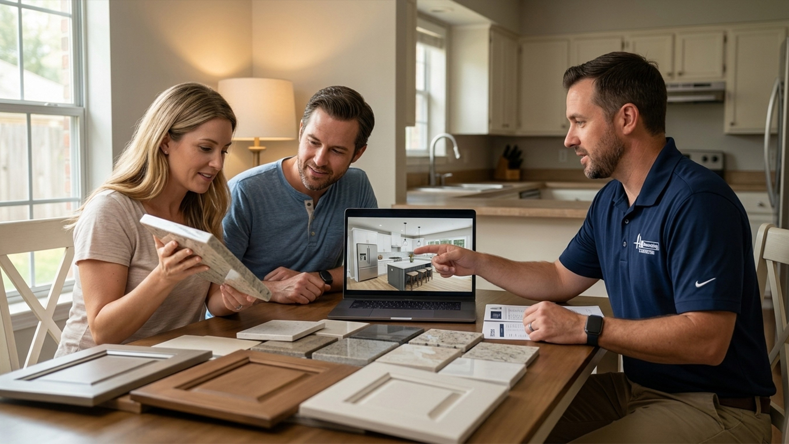 Designing a Kitchen Layout That Actually Works for Your Memorial Home Homeowners review a kitchen remodel layout rendering with HL Remodeling in a Memorial Houston home