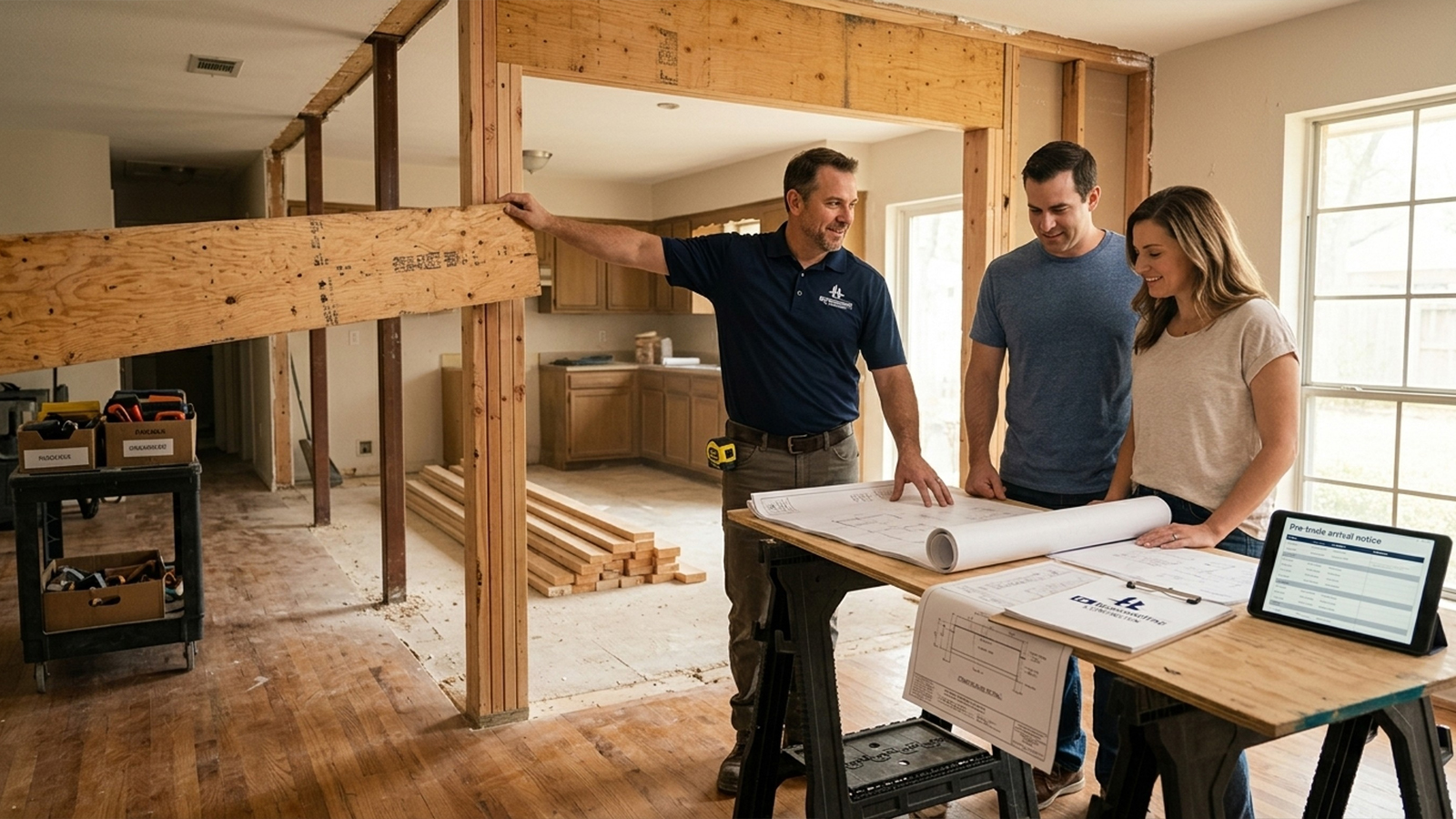 HL Remodeling contractor reviews structural plans during a kitchen remodel in a Memorial Houston ranch home