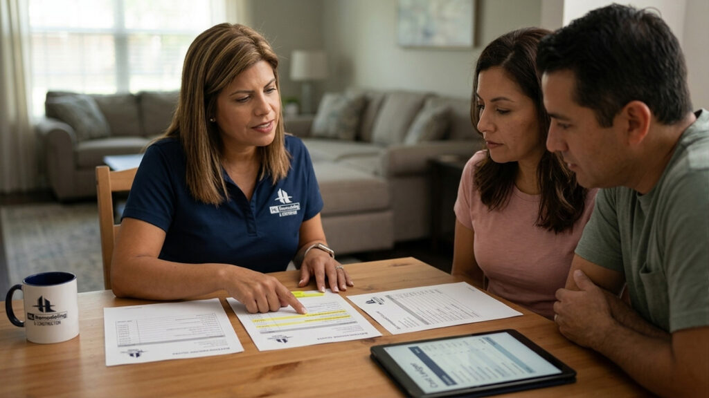 HL Remodeling owner helps Houston homeowners compare bathroom remodeling quotes line by line at their kitchen table