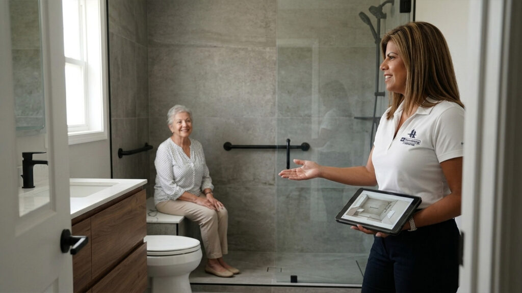 HL Remodeling owner reviews an aging in place bathroom remodel design with a Houston homeowner