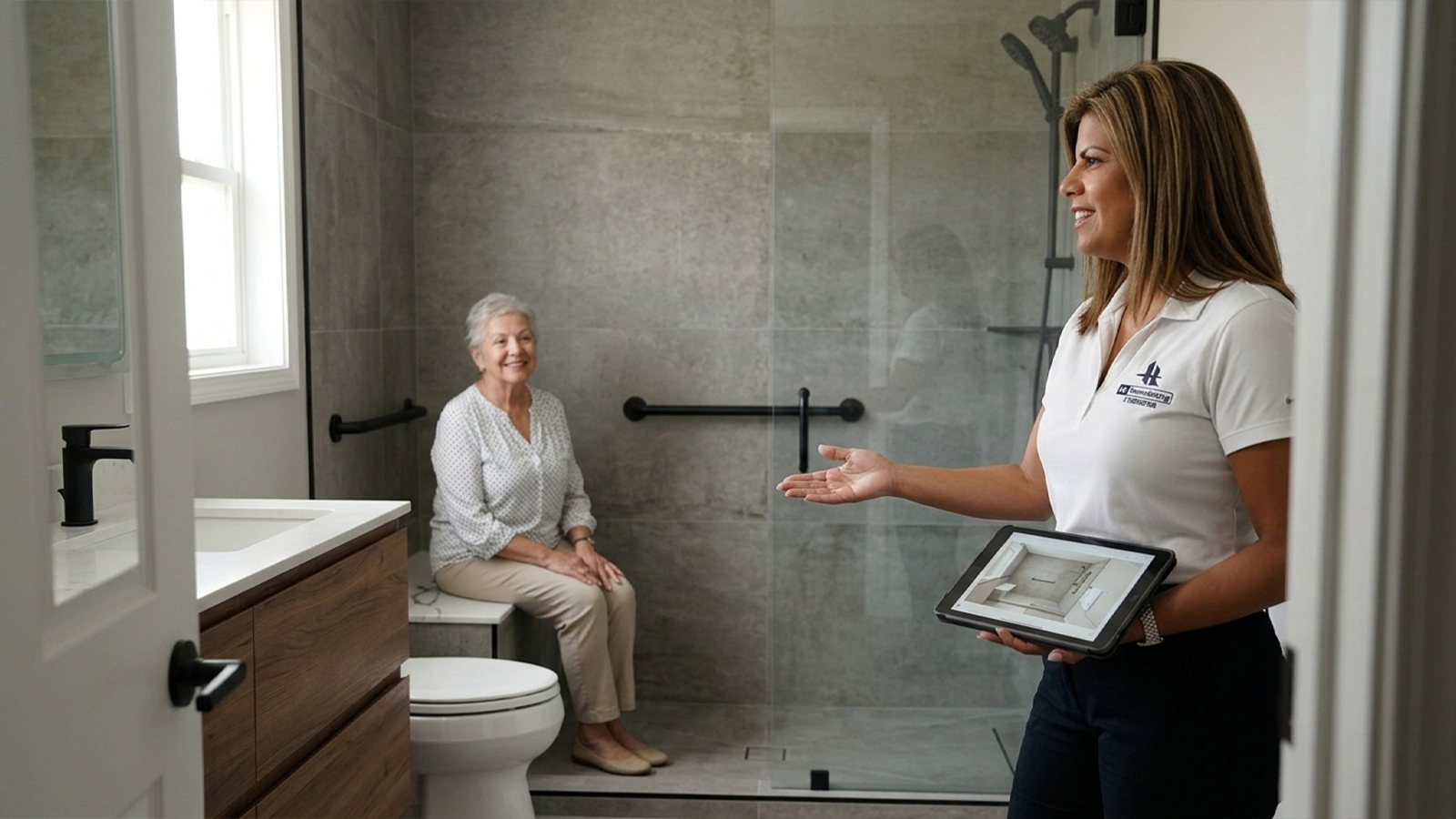 HL Remodeling owner reviews an aging in place bathroom remodel design with a Houston homeowner