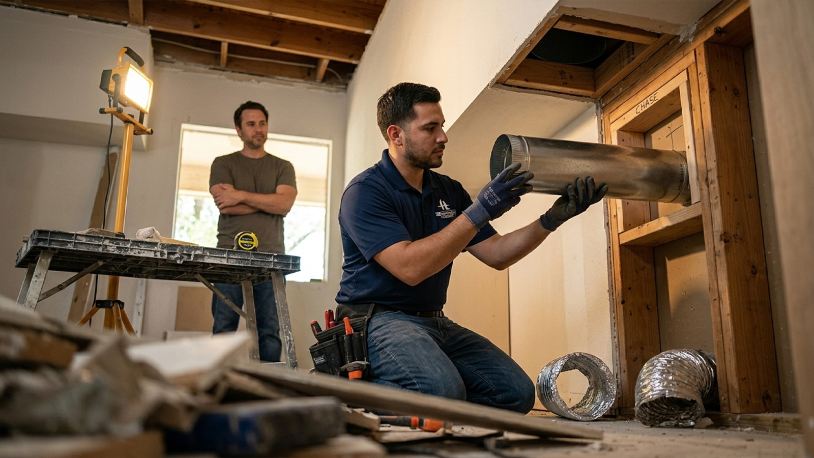 HL Remodeling staff member checking duct diameter for a 600 CFM range hood in a Houston kitchen remodel