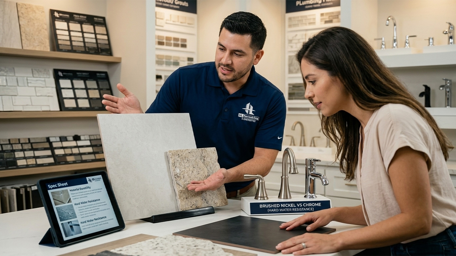 HL Remodeling staff member helps a homeowner choose hard water resistant tile and fixtures in the Houston showroom