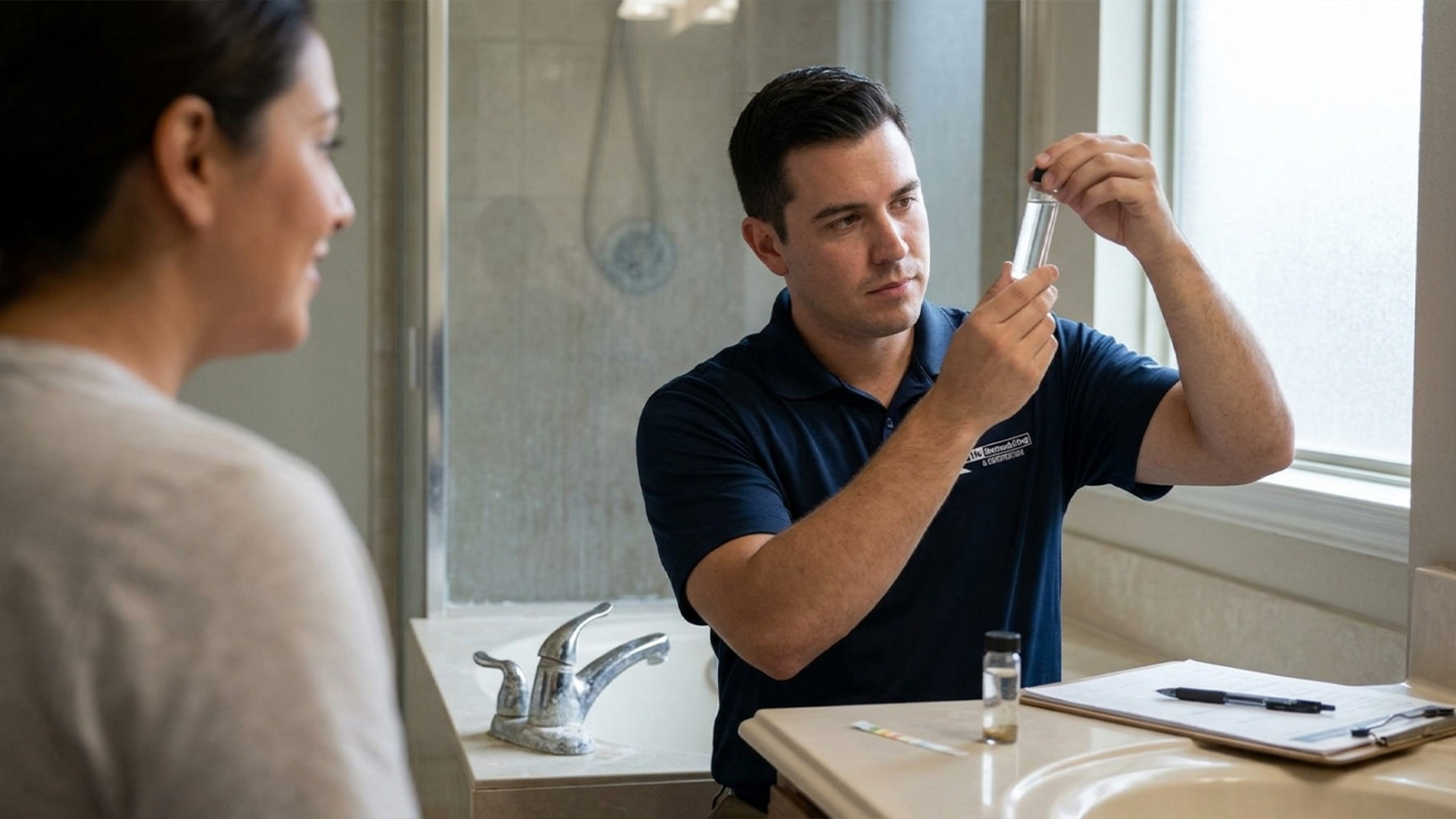HL Remodeling staff member tests water hardness in a Houston bathroom showing mineral buildup on fixtures