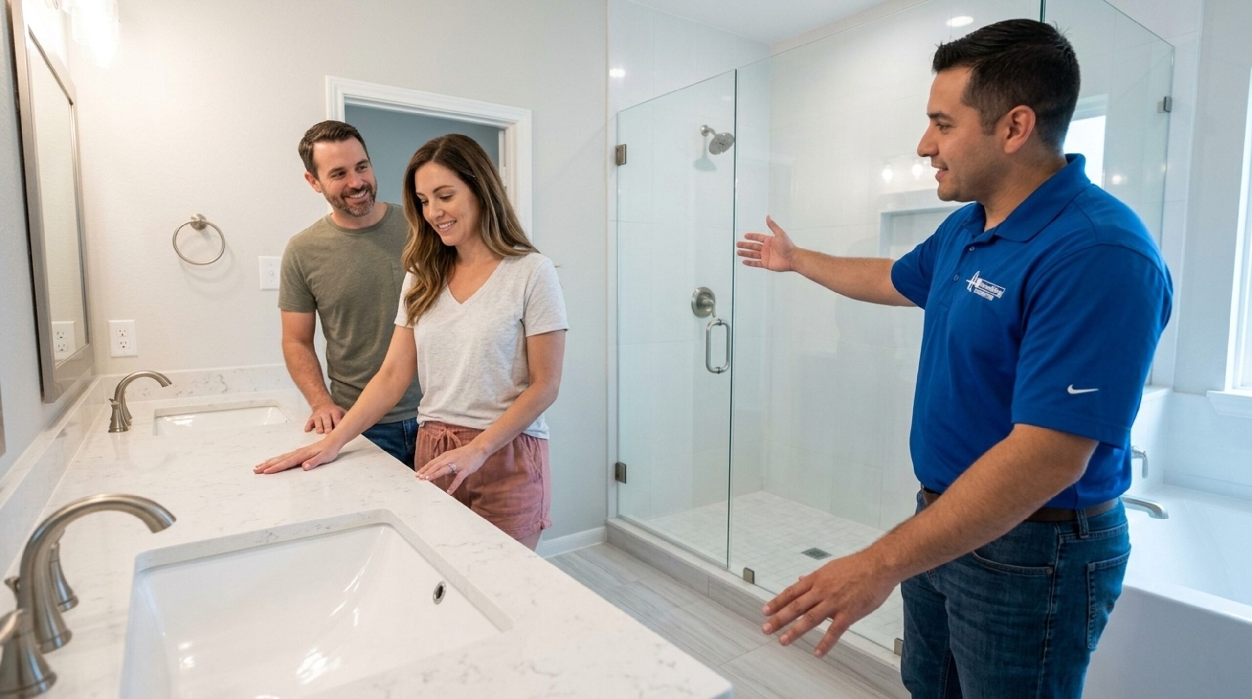 Homeowners admire finished walk-in shower and quartz double vanity that add resale value in Houston bathroom remodel